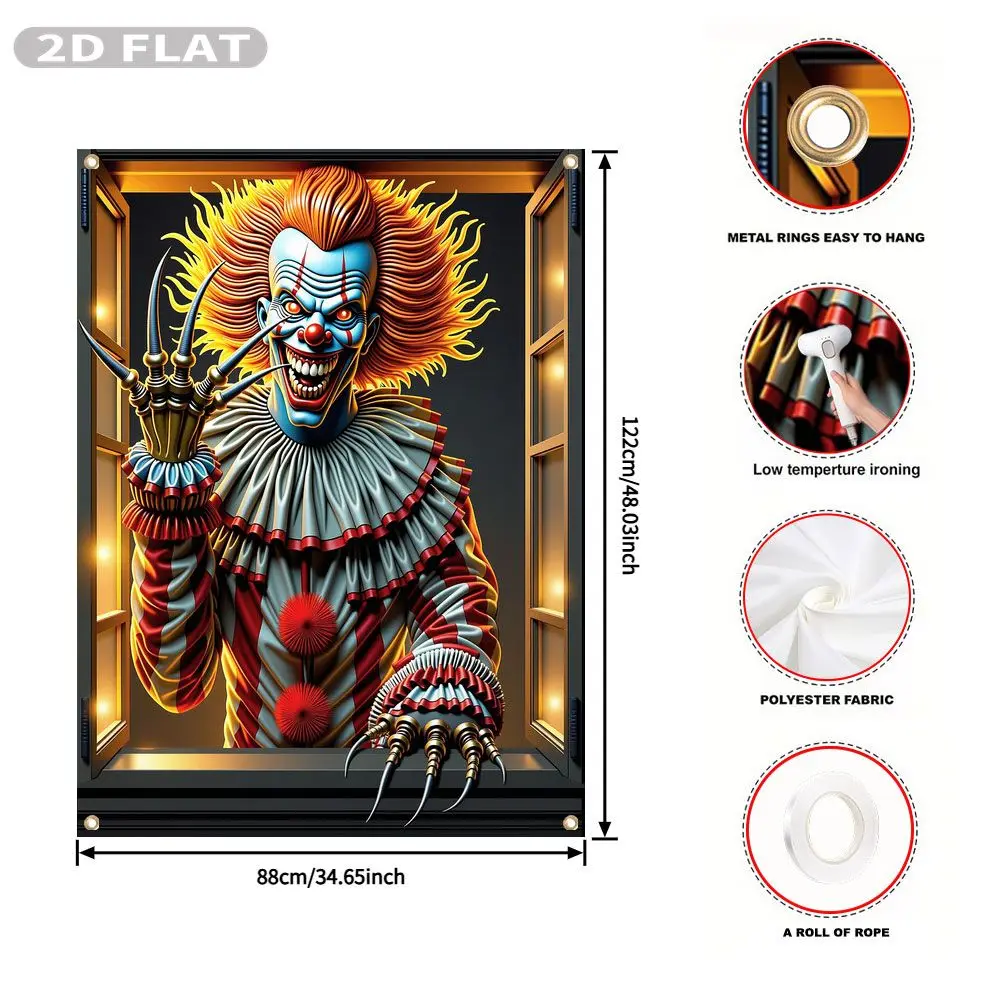 2D FLAT 1pc Party Banner, Halloween Window Cover with Scary Clown, Sharp Claws In Window,122x88cm, Polyester, With 4 Grommets