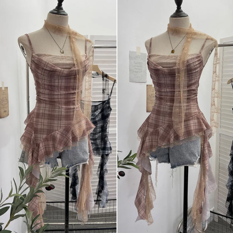ISAROSE Y2K Plaid Camisole for Women Summer Casual Lace Scarf Breathable Stretch Mesh Patchwork Asymmetrical Ruffle Slim Tops view 4