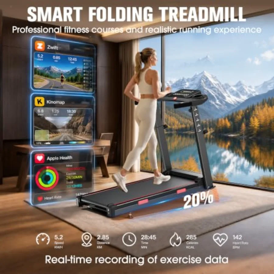 8.7MPH Foldable 20% Auto Incine Treadmills for Home, Walking Pad with Handle Bar, 450 lbs Weight Capacity, Builtin Heart Rate M