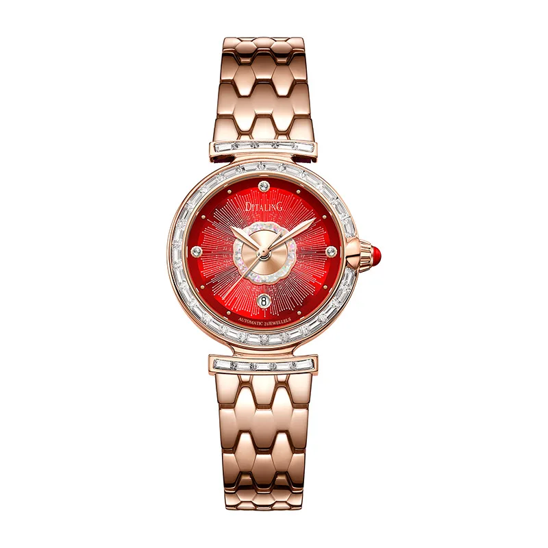 DITALING Women Automatic Watch 28MM Luxury Ladies Fashion Mechanical Wristwatch Waterproof Austria Crystal Decoration Date