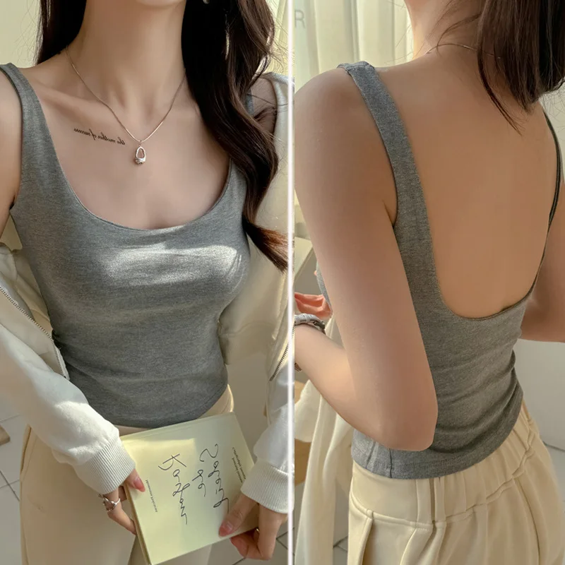 U-shaped Vest with Fixed Chest Cup for Women, Bottoming Straps for Inner Wear and Outer Wear, Slim Fit Top