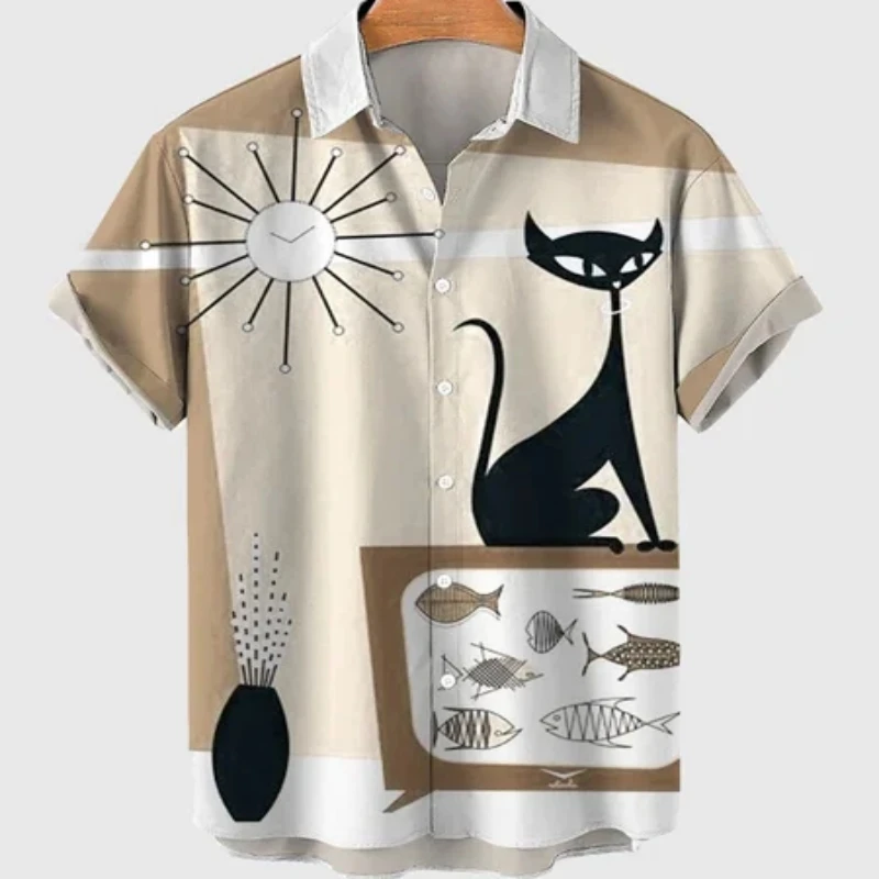 Men's Summer Cat Pattern Cartoon Short Sleeve Hawaiian Shirt Oversize For Men Luxury Designer Top Graffiti Y2k Custom Clothing