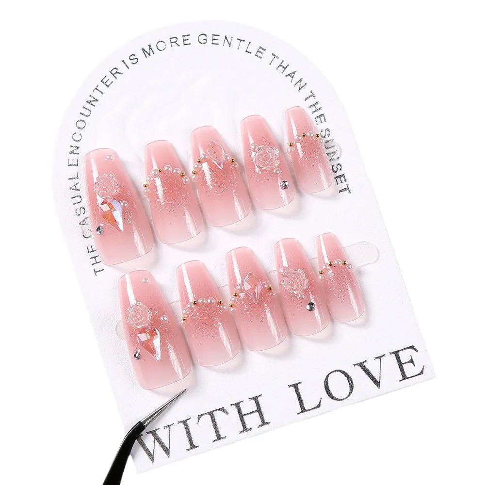

24Pcs Long Square Press on Nails - Pearl Line French Tip with Transparent Rose & Glitter Design Coverage Nail Art Kit