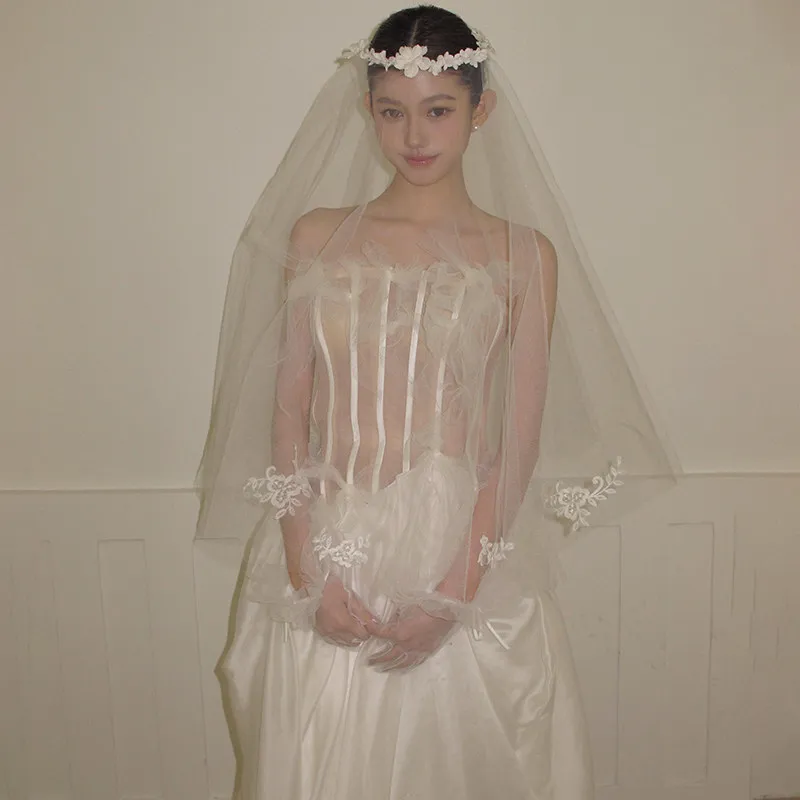 Veil Forest Style Garland Certificate Proposal White Retrolace Flower Headdress Bridal Props High-end