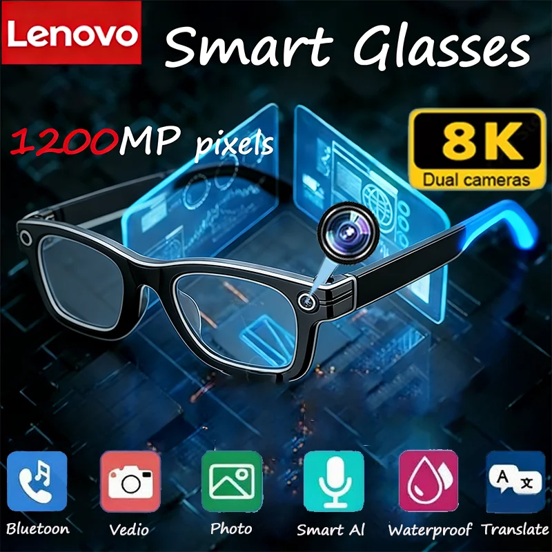 Lunettes intelligentes Lenovo AI avec caméra 8K, Chat GPT, lunettes de soleil tactiles pour le sport, lecteur de musique, appels Bluetooth, traducteur, assistant vocal