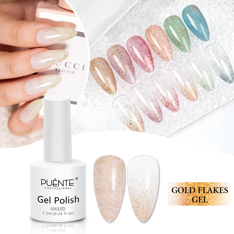 PUENTE-esmalte de uñas en escamas doradas, Gel brillante para manicura semipermanente, LED UV, 6 colores