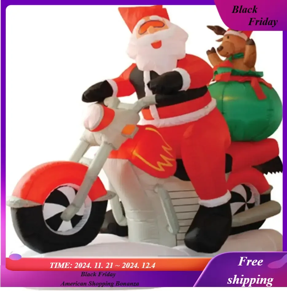 6 Foot Long Inflatable Santa Claus & Reindeer Riding Motorcycle