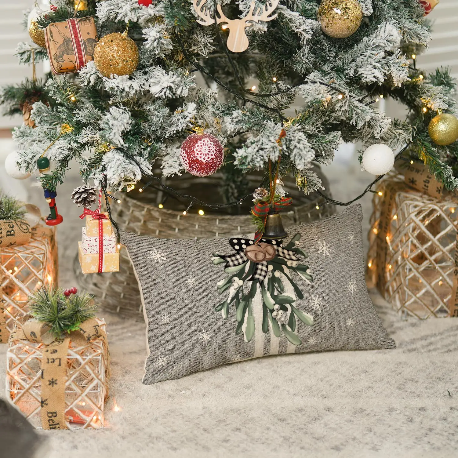 Christmas Tree Reindeer Stripe Gray Pillow Pillowcase 30x50cm Winter Holiday Cushion Cover Sofa Sofa Decoration