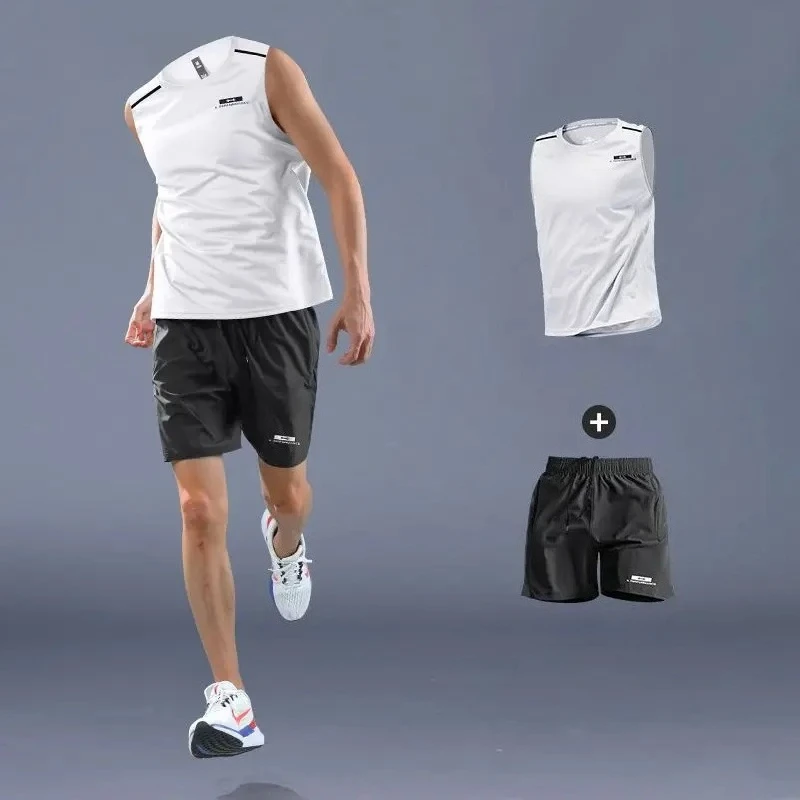 New Summer Fitness Men's Sleeveless Running Sport Suit Training Undershirt Quick-drying Professional Sportswear Suit Ice Silk