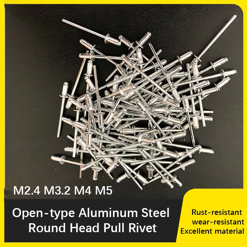 100pcs Pull Rivets M2.4 M3.2 M4 M5 Aluminum Zinc-Coated Blind Rivets Round Head Pull Pins Open Type