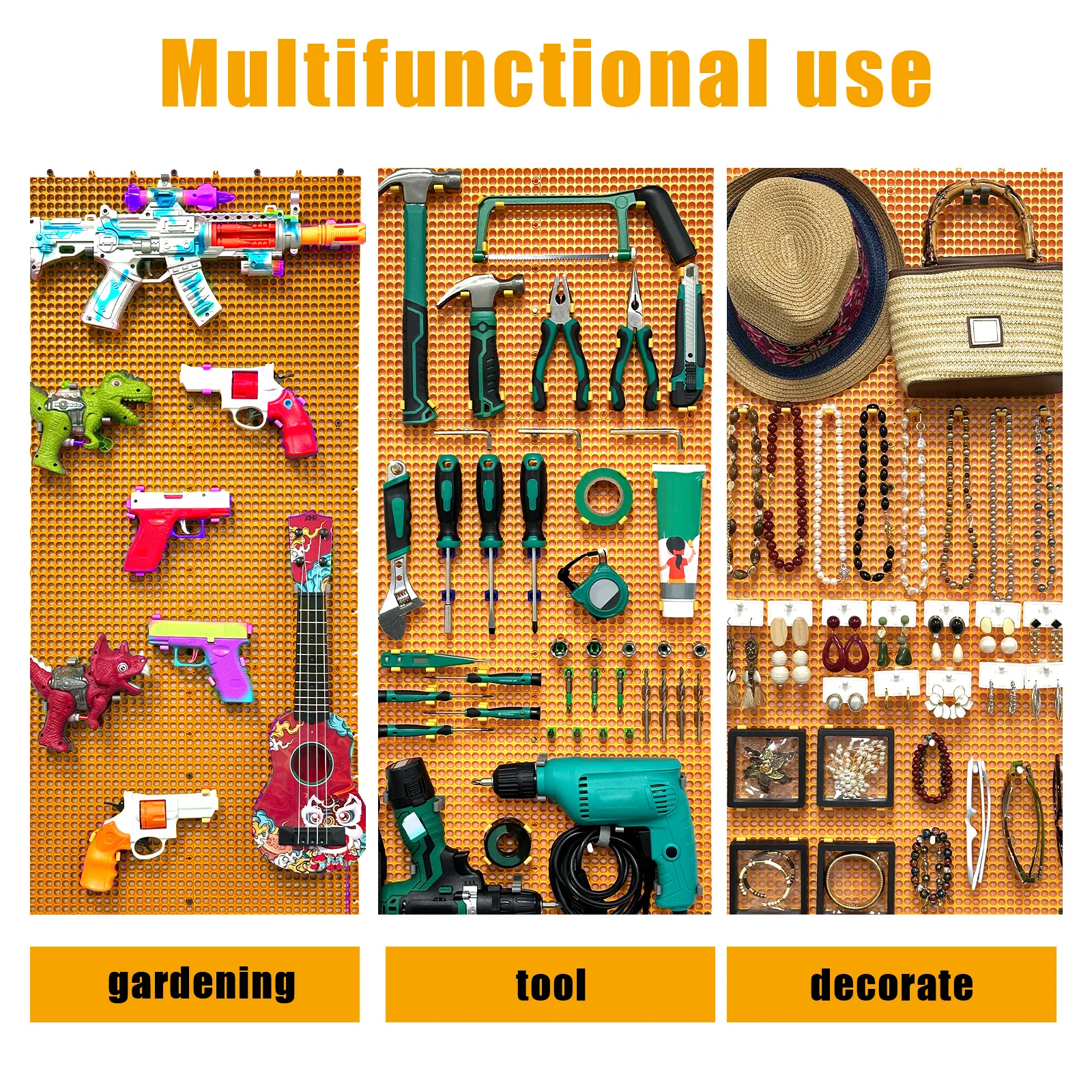 6 pcs yellow plastic peg board set 200 accessories, rust-proof, non-sagging,  Garage Peg Board Wall Pegboard Organizer