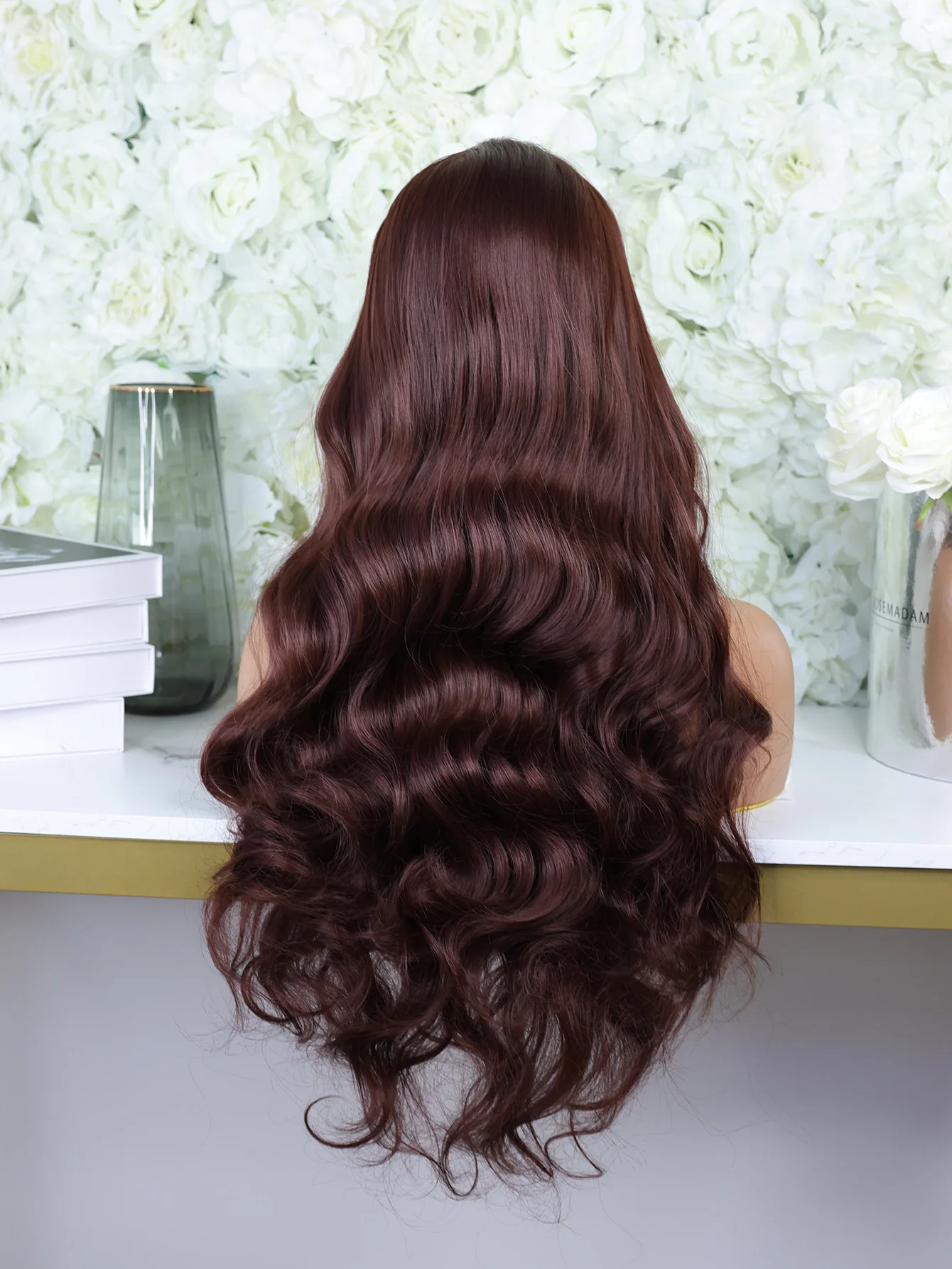 Reddish Brown Color Long Body Wave Lace Front Part Synthetic Wig For Women Cosplay Daily Party Preplucked Bleach Knots Glueless