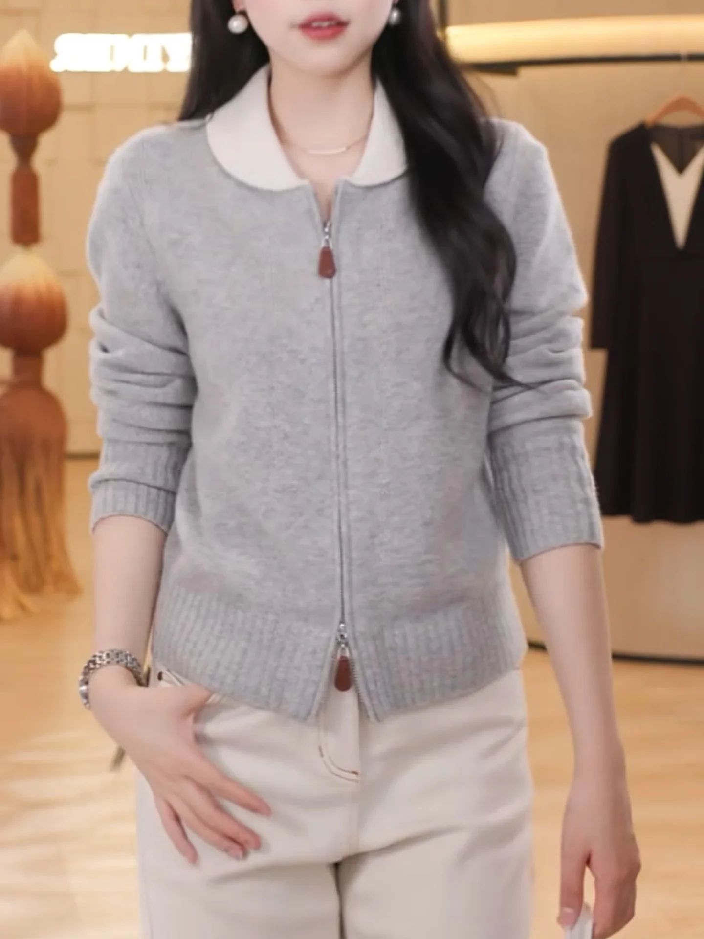 

Осень-зима, большие размеры, корейский вязаный открытый кардиган на молнии, женский длинный универсальный свитер Ele, Jaet