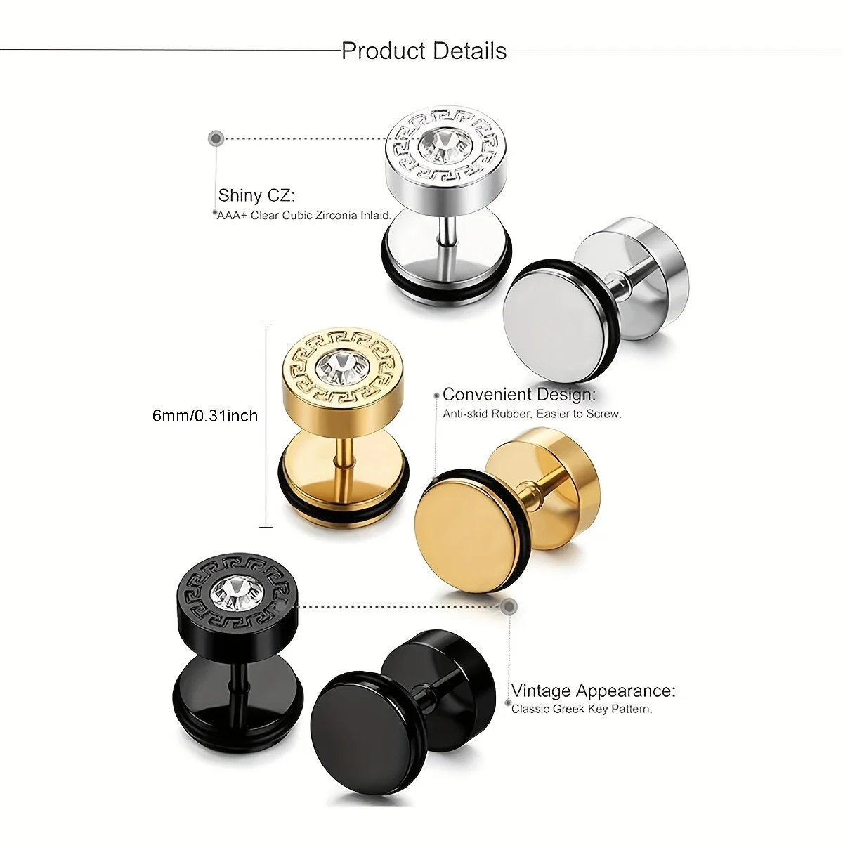 2-Pack Stainless Steel Round Men's Ear Studs, Hip-Hop Punk Style Piercing Accessories, Couple's Matching Accessories