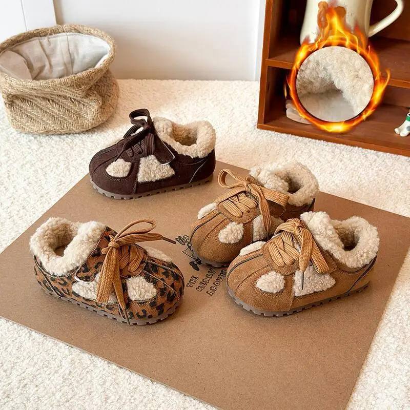 

Kawaii Casual Shoe Children S Shoes Girls Winter Shoes New Leopard Print Warm Fleece Lined Soft Sole Sneakers for Toddler