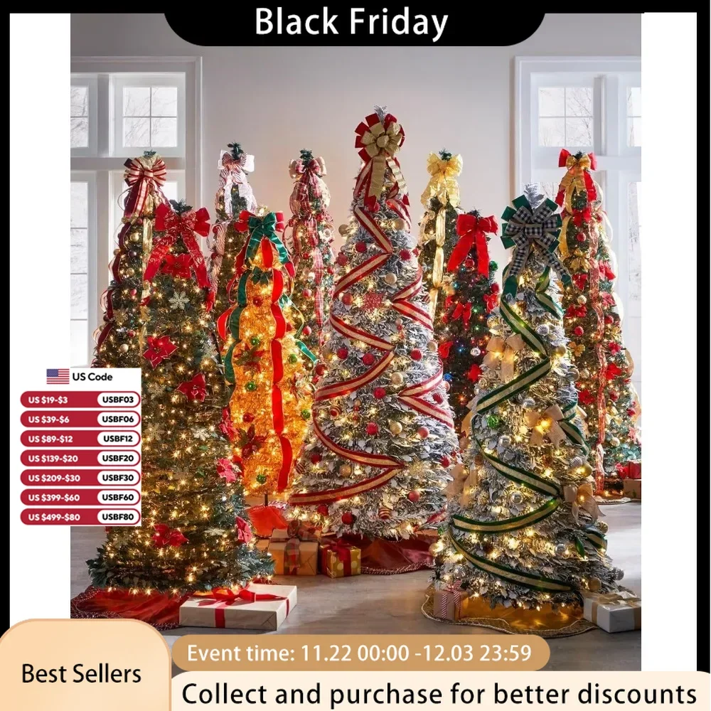 Christmas Tree Fully 7.5ft Decorated Pre-Lit 71/2' Pop-Up-Plaid Plastic 36