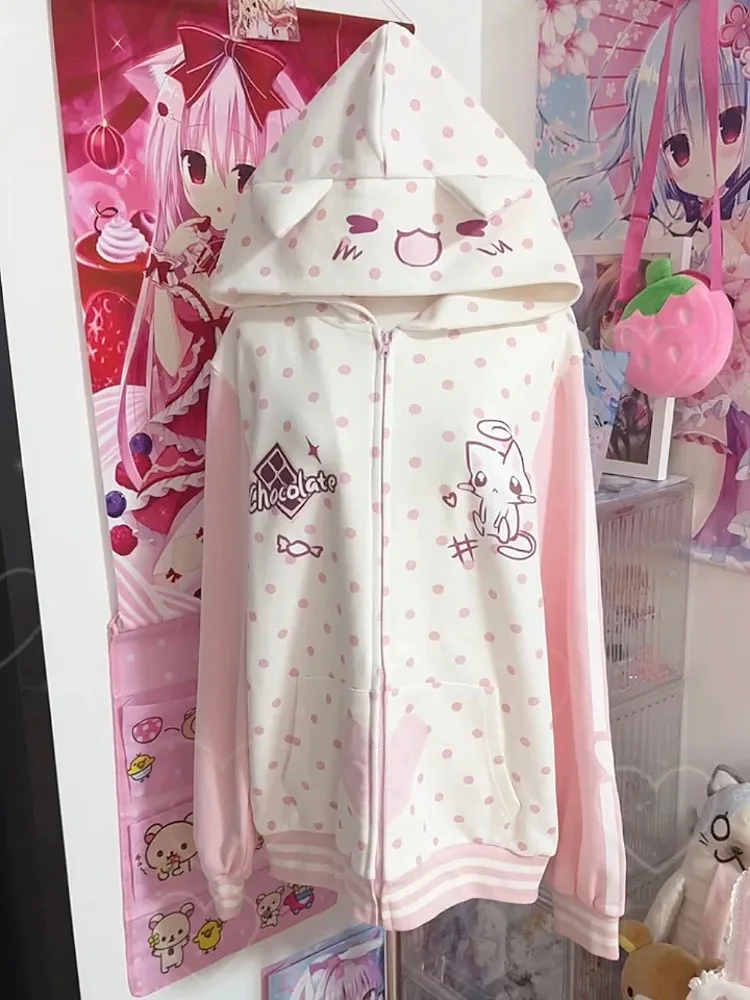 

Japanese Polka Dot Patchwork Cat's Ears Hoodies Women Cartoon Print Grunge Sweatshirts Causal Loose Patchwork Kawaii Hoody Tops