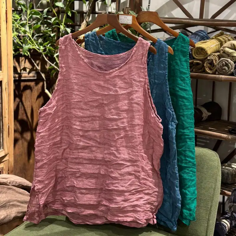 

Лето 2025 г., новый художественный стиль, женские свободные топы без рукавов с круглым вырезом, дизайн на бретелях, высокое качество, однотонные льняные винтажные майки B315