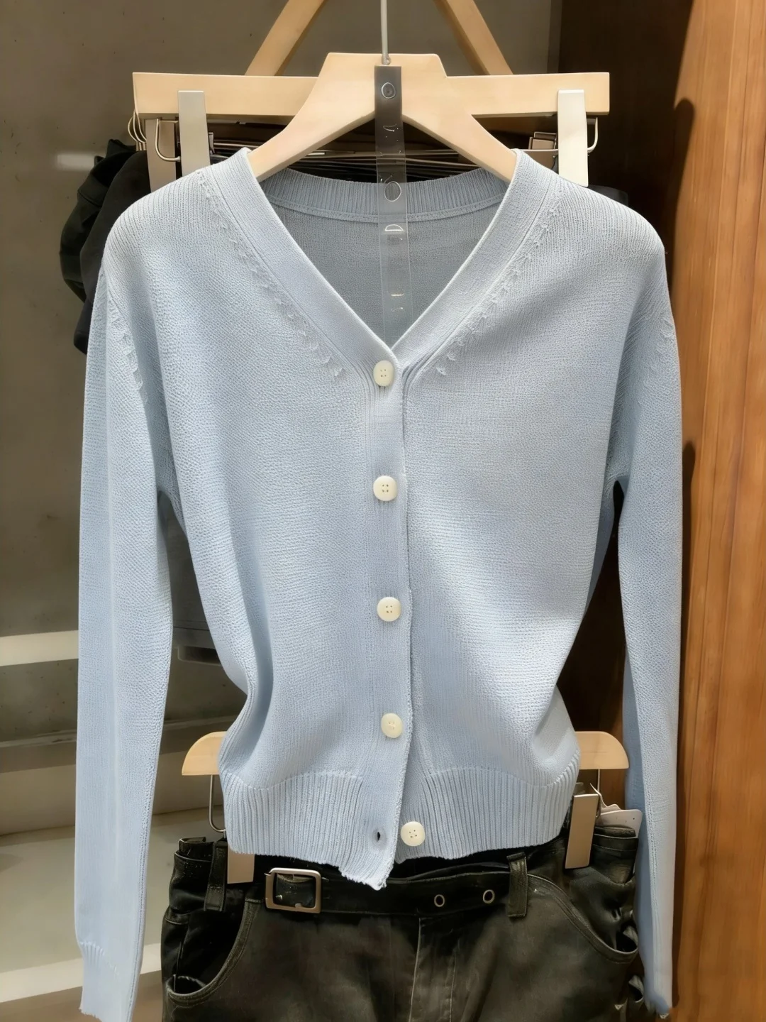 

Elegant V-Neck Long Sleeve Knitted Open Cardigan Women's Spring Autumn Thin Style Sweater Jacket Fashionable Milk Blue Color