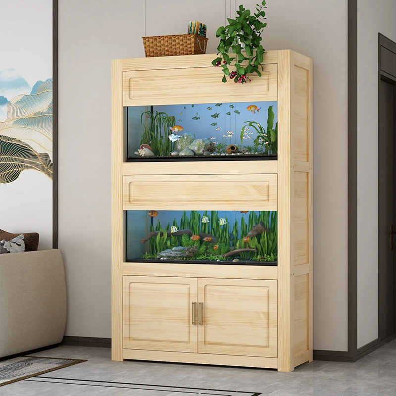 All solid wood fish tank bottom cabinet base shelf floor simple office home porch partition fish tank cabinet customization