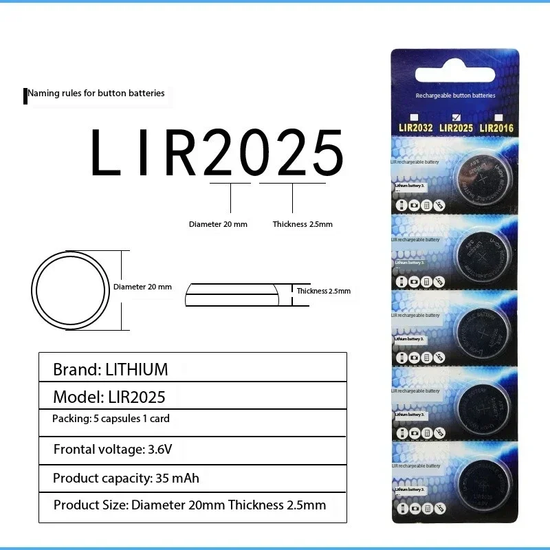 5PCS 3.6V LIR2032 LIR2016 LIR2025 Rechargeable Button Cell Batteries LIR 2032 Coin Cells CR2032 CR2025 CR2016 Watch Batteries