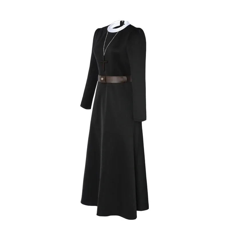 Halloween cosplay costume movie conjuning 2 nun costume, deadnun cosplay women black dress cross necklace belt party suits