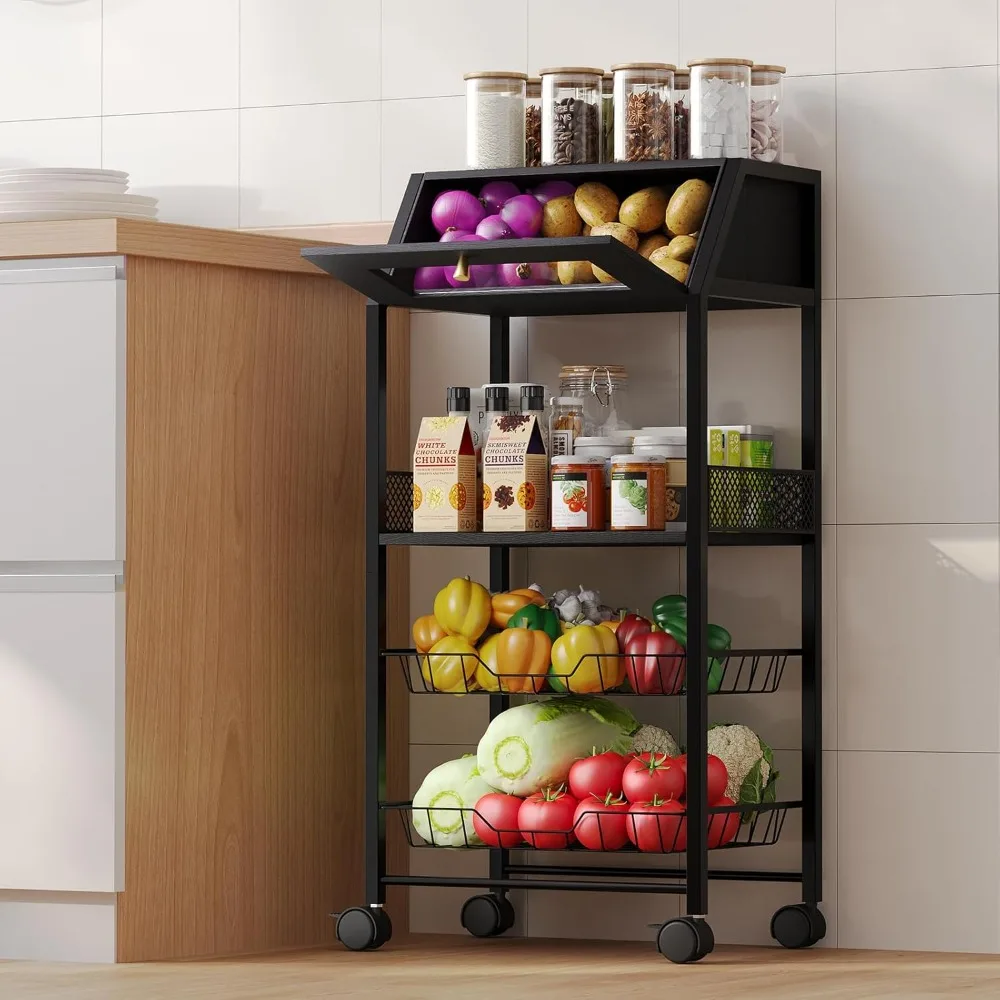 

Rolling Kitchen Cart with Bread Box and 2 Pull-Out Wire Baskets - 4-Tier Storage Cart on Wheels with Lockable Casters