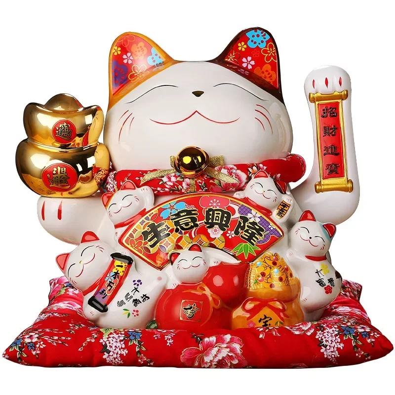 

7 Inch Lucky Cat Decoration Feng Shui Fortune Cat Ceramic Electric Wave Hand Treasure Shop Gift Good Luck Home Festive Craft