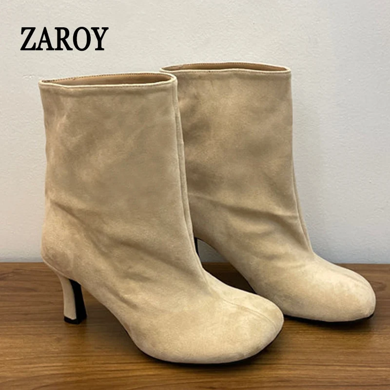 ZAROY Women's Square Toe Ankle Boots Thin High Heel Faux Suede Solid Versatile Party Date Brand Designer Plus Size Short Boots