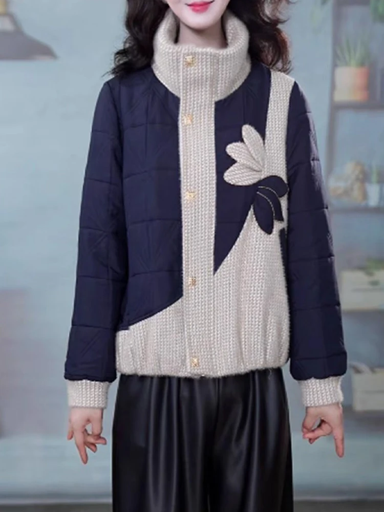 

Новое женское хлопковое пальто с высоким воротником, вязаное, с цветочным декором, осенне-зимнее, из нежного хлопка