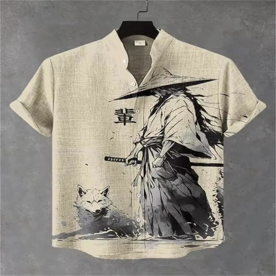 

New men's fashionable shirts, 3D art printed Bushido patterns, casual and comfortable shirts, summer short-sleeved shirts