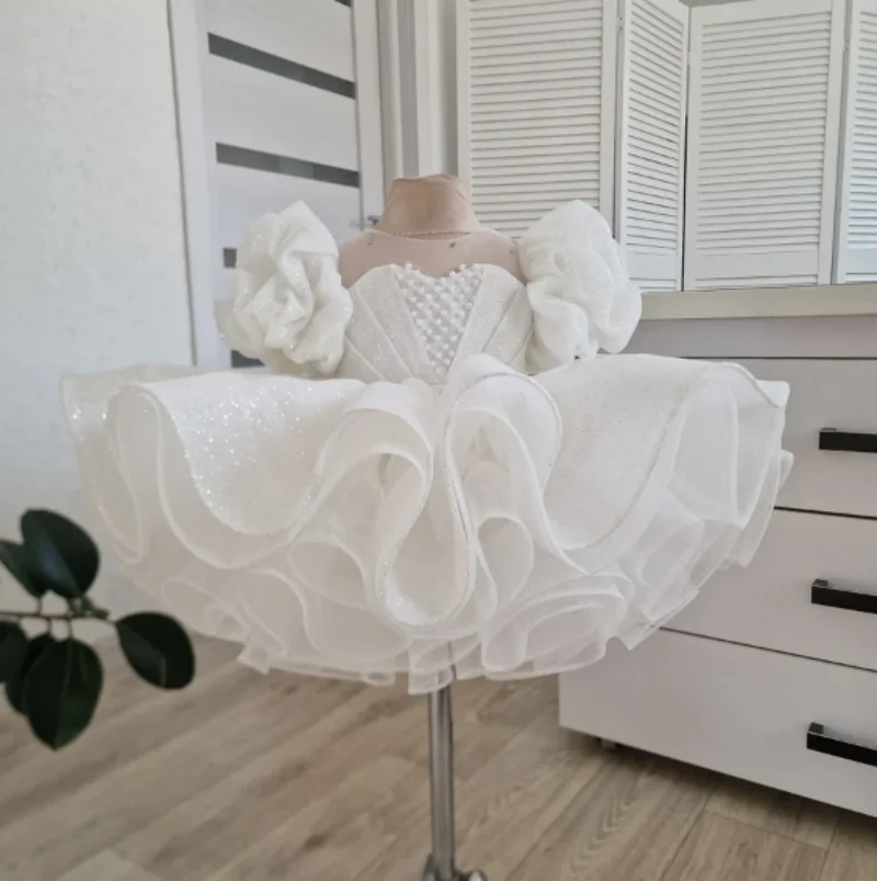 Bloemenmeisje Jurken Roze Tutu Outfit Kind Glitter Gezwollen Tule Jurken Vestidos Para Niñas Eerste Jurk Peuter Verjaardag Jurk