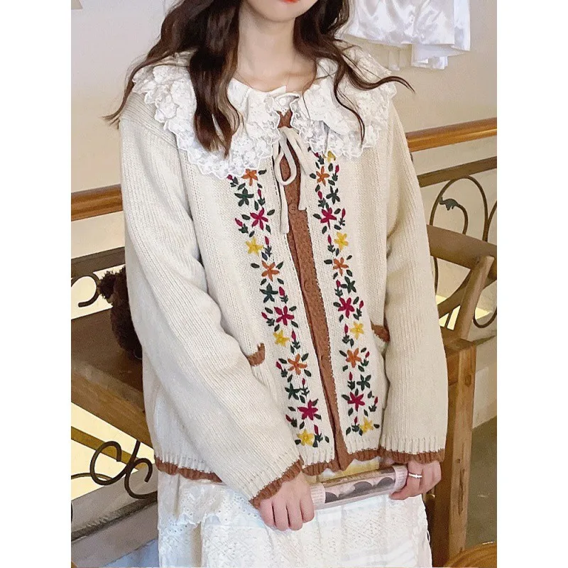 Spring and Autumn Plants and Flowers Fragmented Flowers Embroidered Knitted Cardigan, European and American Lazy Sweater Coat