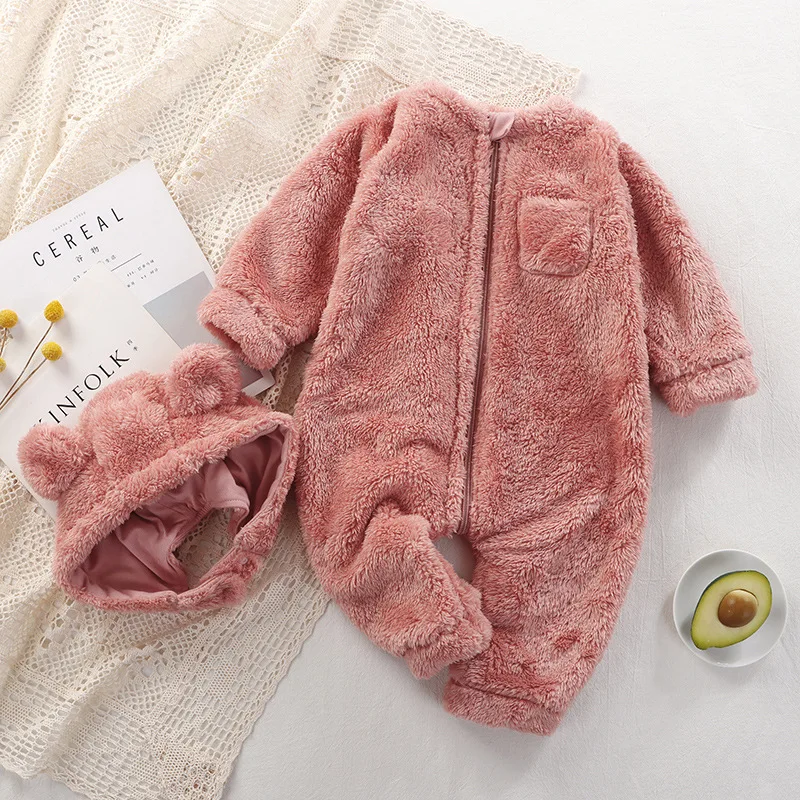 Fleece Baby Jumpsuit Hat 2pcs Autumn Winter Newborn Romper Infant Loungewear Soft Warm Toddler Onesie Kids Girl Boy Clothes