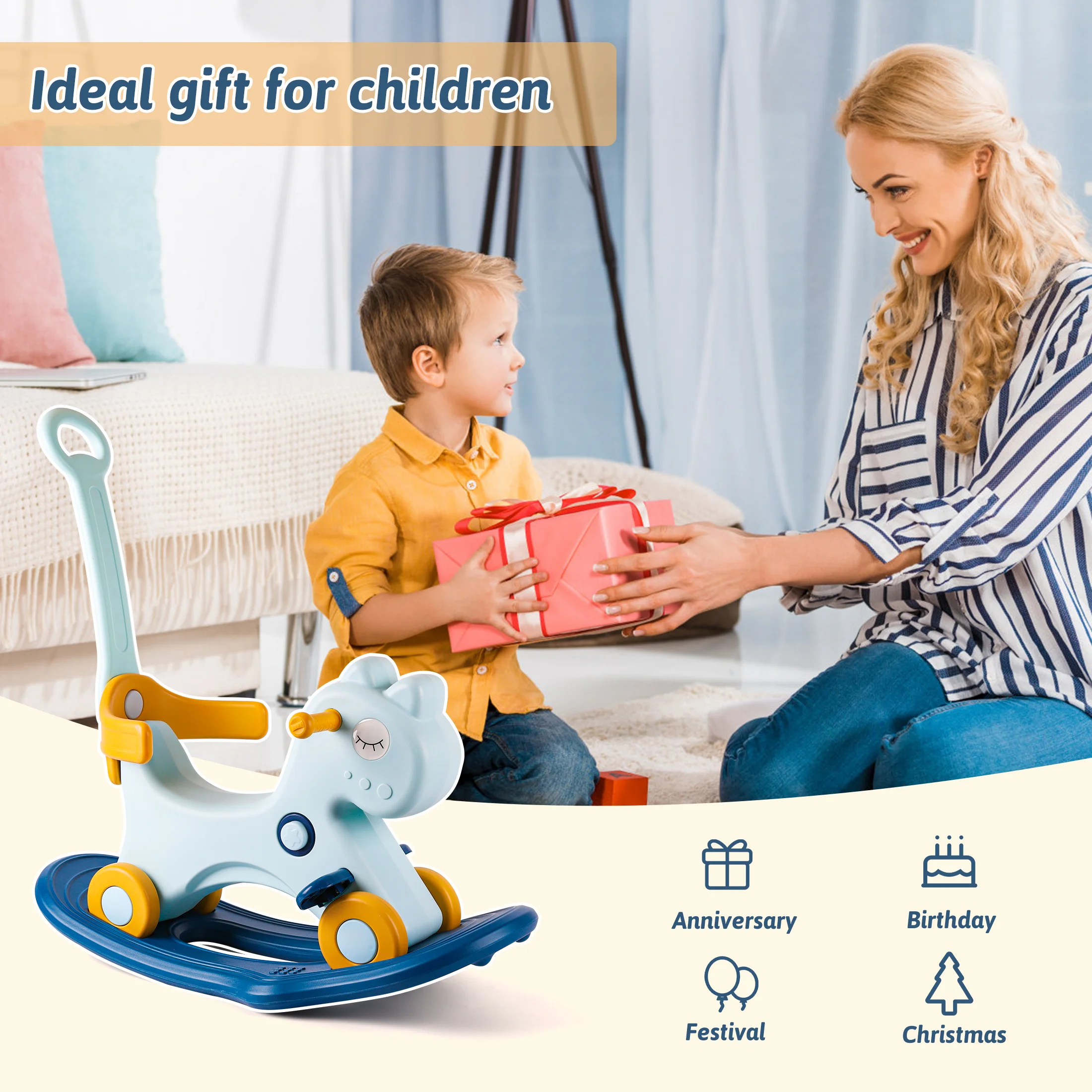 4‑in‑1 Unicorn Rocking Horse for Toddlers 1‑3 Years Old, Baby Ride On Toy, Convertible Rocker & Sliding Car with Safety Backrest, Kids Indoor Play Toy for Boys Girls Birthday Christmas Gift