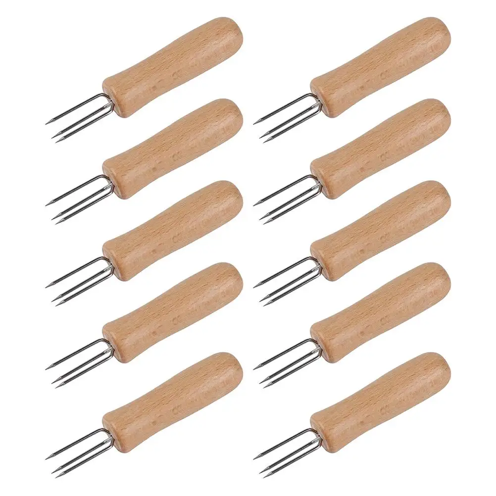 

10 Pcs Corn The Cob Three-toothed Wooden Handle Fork Skewer Rack Barbecue Skewers Stainless Steel Forks