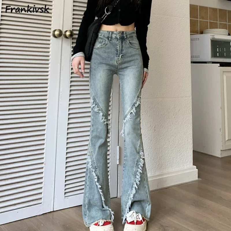 

Retro Flare Jeans Women Autumn Patchwork Raw Edge Slim High Waist Korean Style All-match Streetwear Hotsweet Denim Trousers New