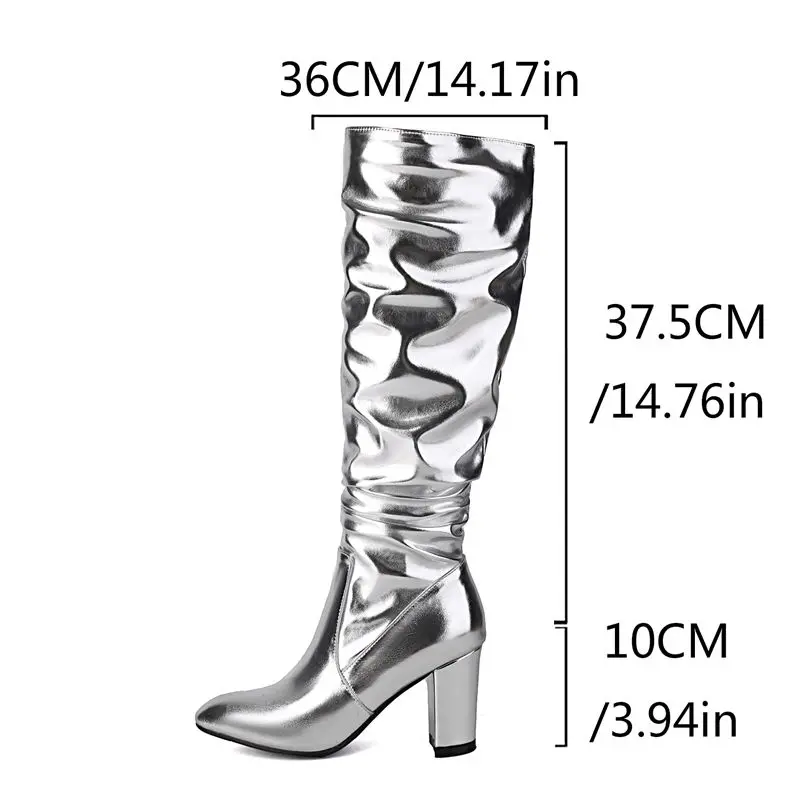 

ORCHA LISA 2025 New Fashion Women's Knee High Boots Round Toe 10cm Chunky Heel Zipper Pleated Large Size 45-46 Party Dating