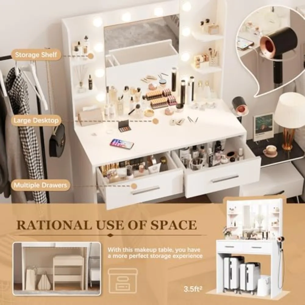 Make up Vanity Desk with Mirror and Power Outlet, Vanity with 3 Color Light Options Adjustable Brightness, Vanity Desk