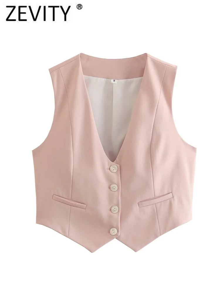 

Zevity Women Fashion V Neck Sleeveless White Short Vest Jacket Office Ladies Buttons Casual Slim WaistCoat Tops CT1787