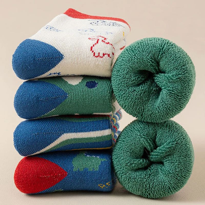5 Pairs Kids Thicken Socks Boys Girls Cartoon Cute Velvet Thermal Comfort Socks Children Autumn Winter Baby Warm Mid Stocking