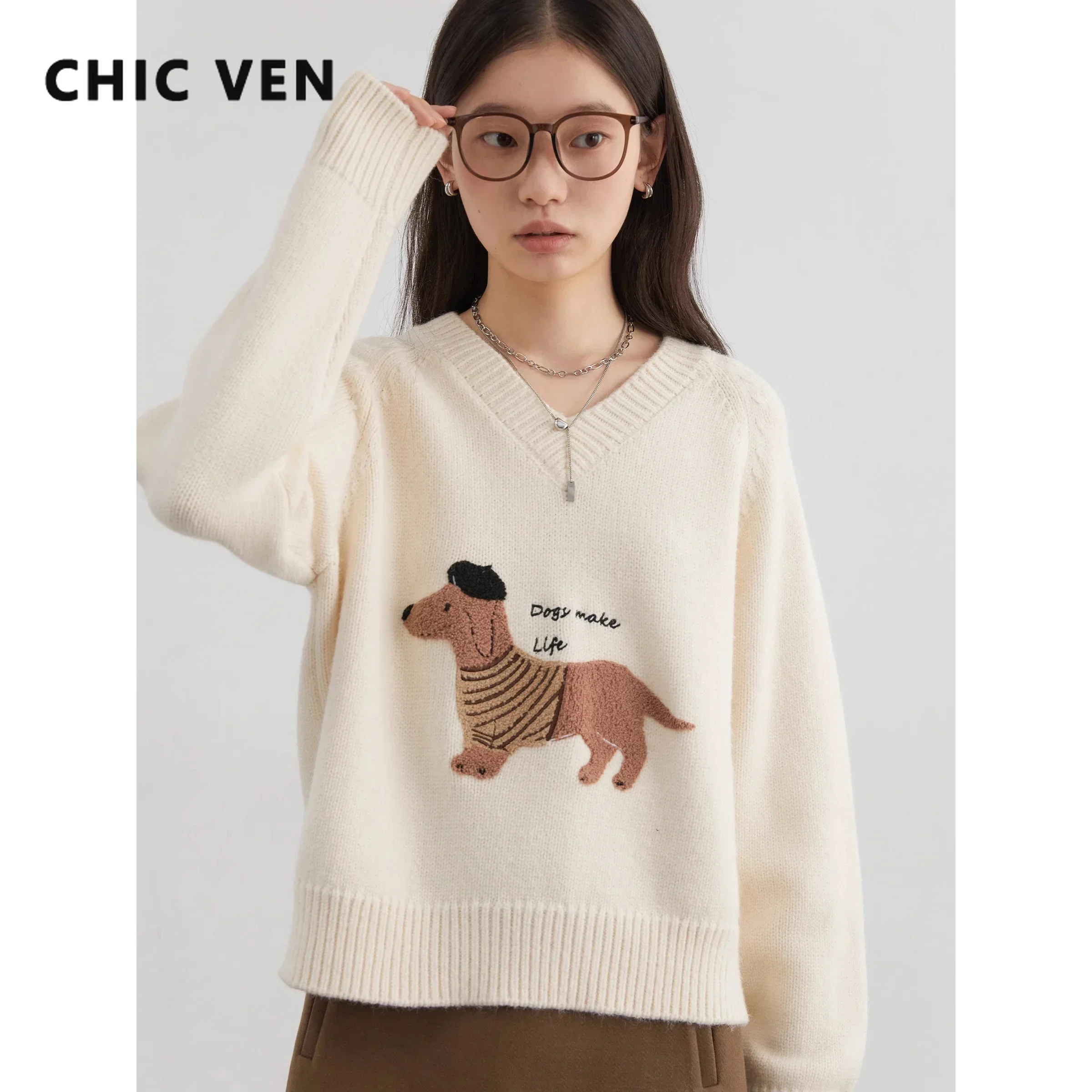 CHIC VEN Women Sweaters Loose New V-neck Embroidered Dog Knit Jumpers Raglan Sleeves Female Pullovers Autumn Winter 2024