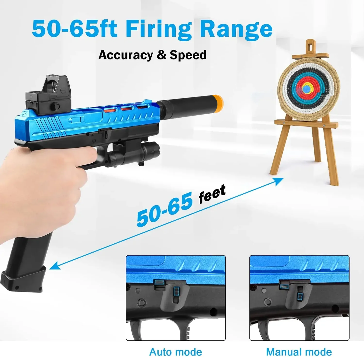 수동 전동 젤 볼 장난감 총, 권총 두 가지 모드 전환, 7-8mm 젤 볼 장난감 총 발사 가능, 야외 놀이 장난감(총알 미포함)