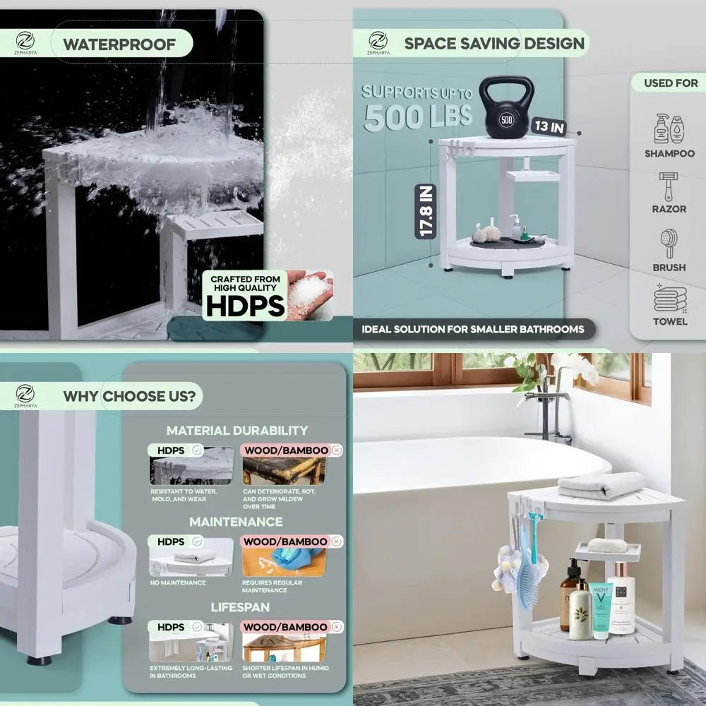 

Anti-Slip Shower Bench with 360° Soap Dish, Adjustable Seat for Small Bathrooms, White