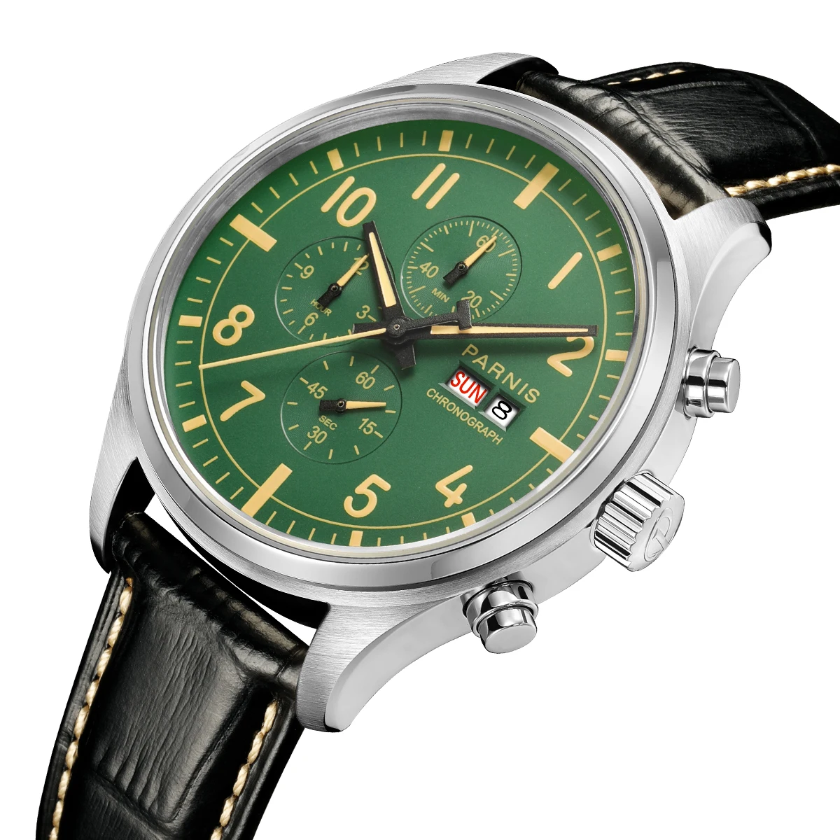 Parnis 43mm Green Dial Quartz Watch Chronograph Calendar 100m Waterproof Leather Strap Men Wristwatch With Box Gift 2024 Clock