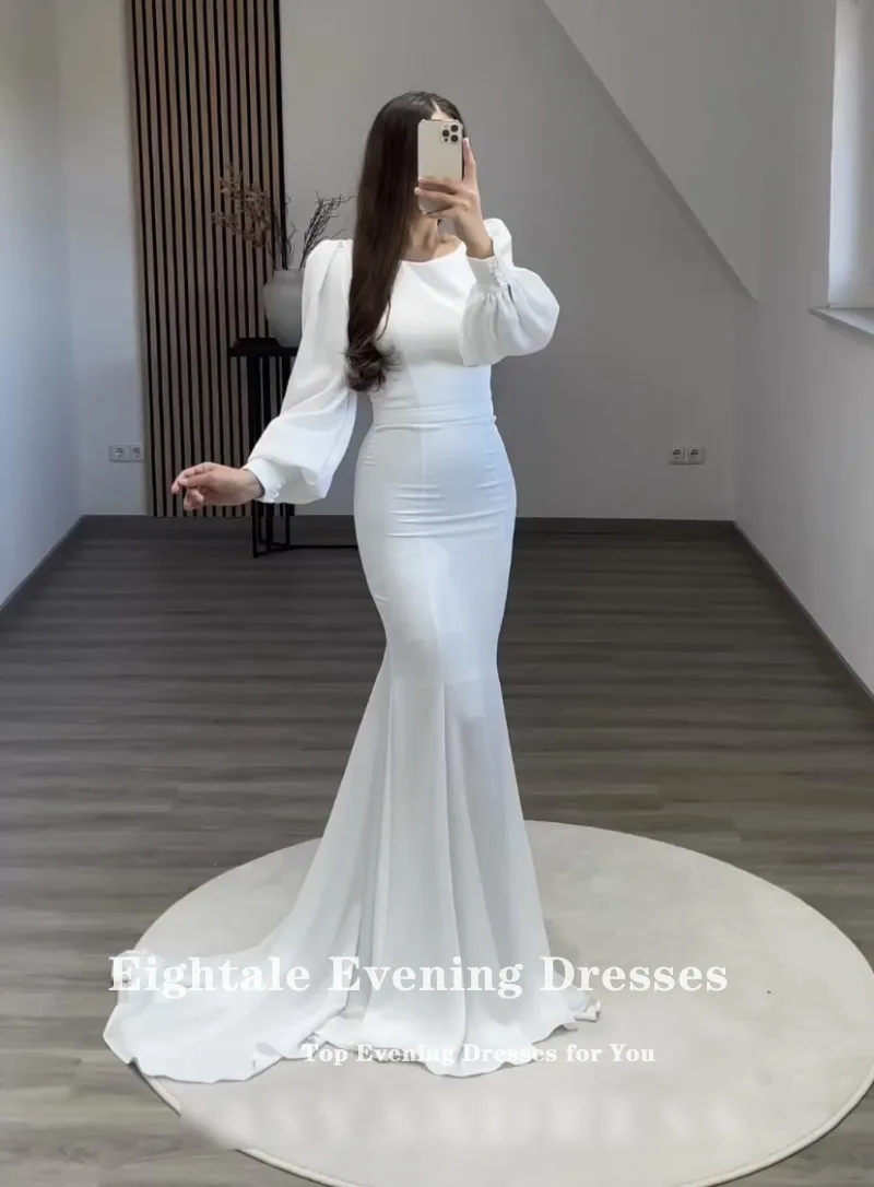 Eightale White Evening Dress for Wedding Party O-Neck Chiffon Long Puffy Sleeves Customized Arabic Prom Gown Dubai Dress