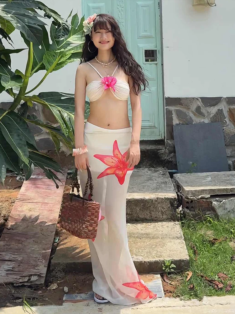 

Insglas Отпуск Летний комплект из 2 предметов Женский бюстгальтер с лямкой на шее и 3d цветами со складками + сетчатые юбки на шнуровке с цветочным принтом Одинаковый костюм для пляжной вечеринки