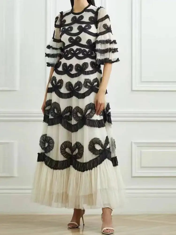 QMQA Fashion Women\'s Color Block Dresses Lace Print Big Swing High Waist Flare Short Sleeve Elegant Dress 2025 Clothing 1A103