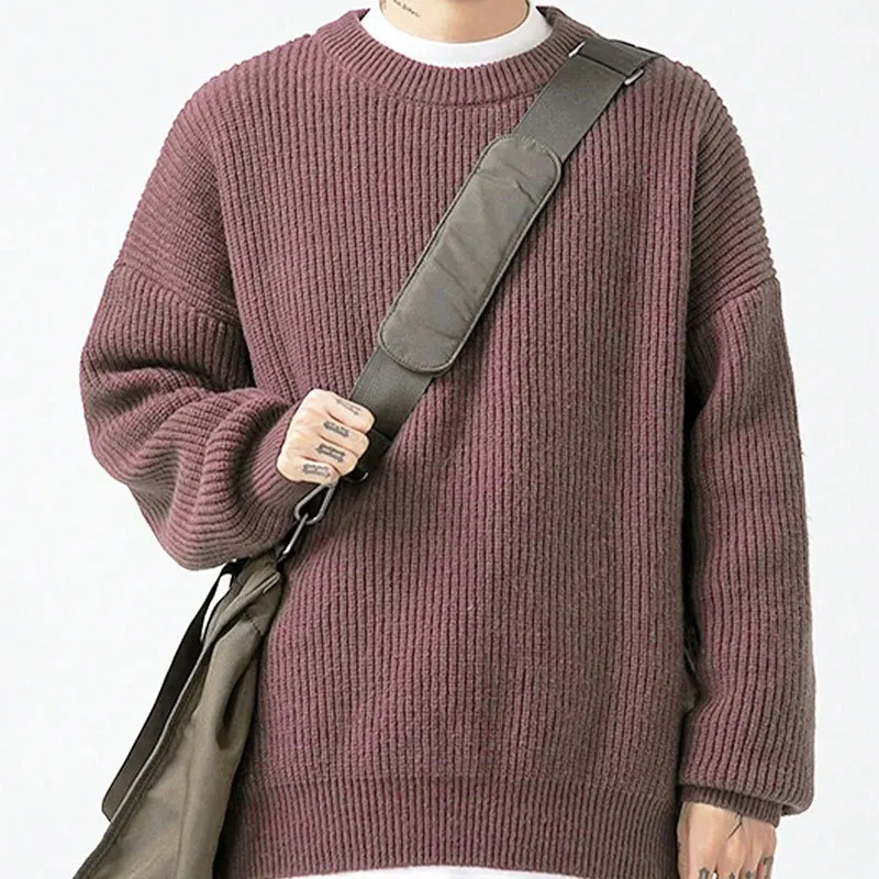 Heavy-duty thick needle stitch texture pullover for men 2025 new style pure color loose round neck knitted jacket Asian size