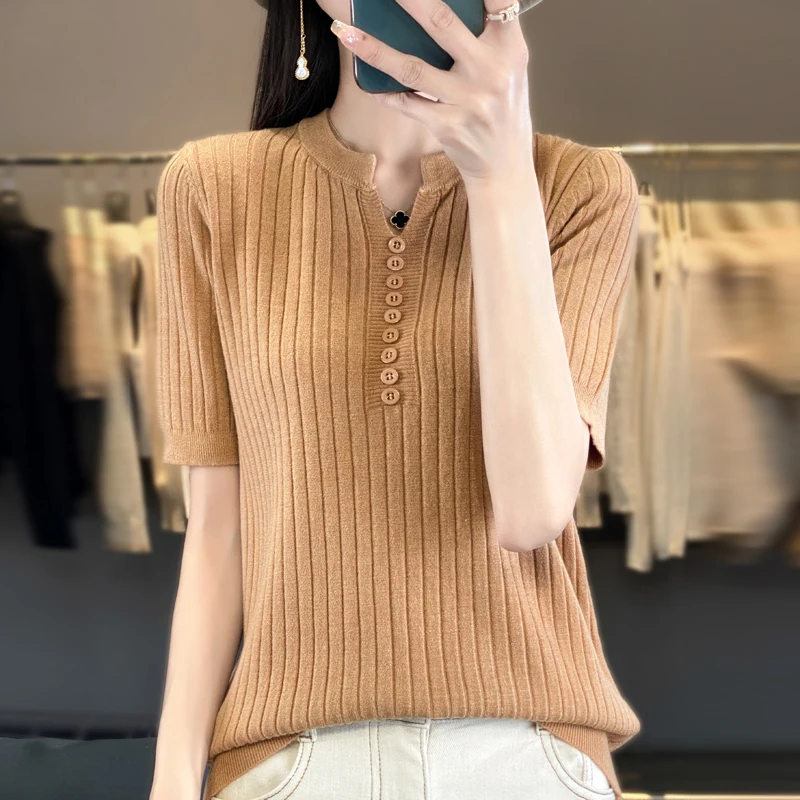 Donna New Wool Blend t-Shirt maglione con scollo a v manica corta Pullover primavera estate Bottoming con bottoni camicia Casual Knit Top